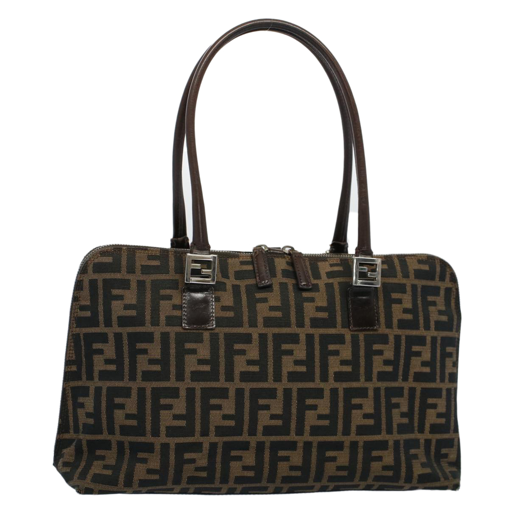 FENDI Zucca Canvas Shoulder Bag Black Brown Auth ar10174